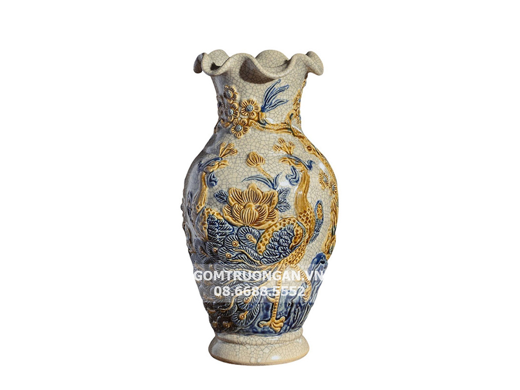 Lọ hoa bàn thờ miệng lượn men rạn nổi Công Đào cao cấp Trường Xuân 32cm 1