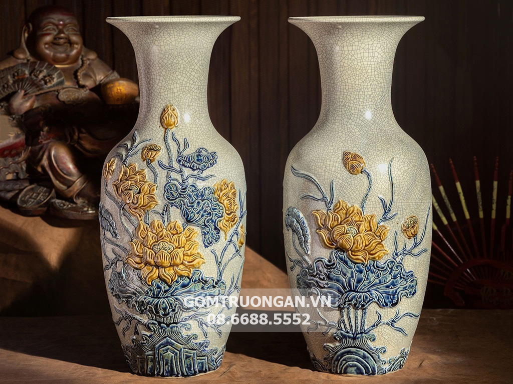 Lộc bình men rạn nổi cao cấp Hoa sen Trường Xuân 42cm 2