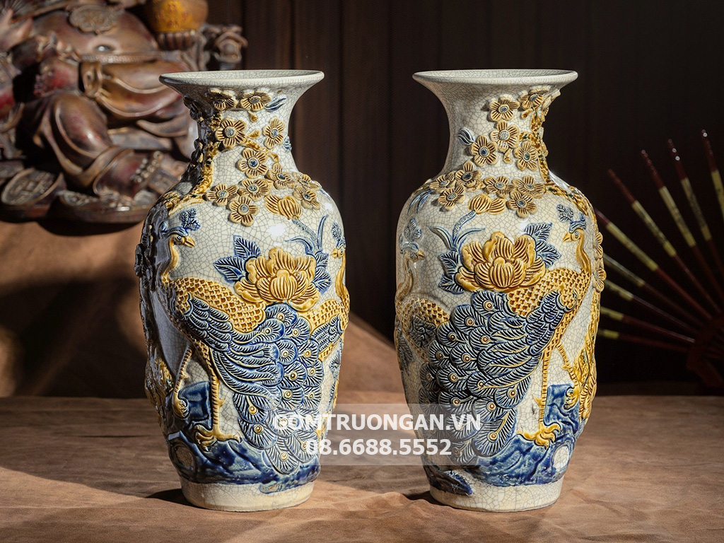 Lộc bình men rạn nổi cao cấp Công Đào Trường Xuân 52cm 2