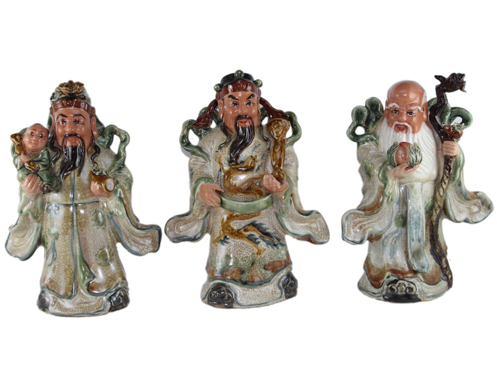 Tượng sứ Phúc Lộc Thọ men rạn cổ cao 32cm hàng kỹ 1