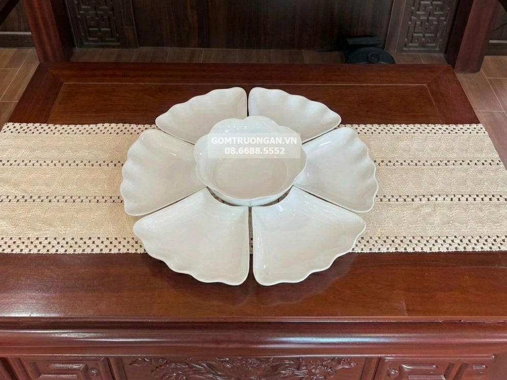 Bộ bát đĩa Bát Tràng mâm cúng gia tiên men trắng 7 món 45cm 2