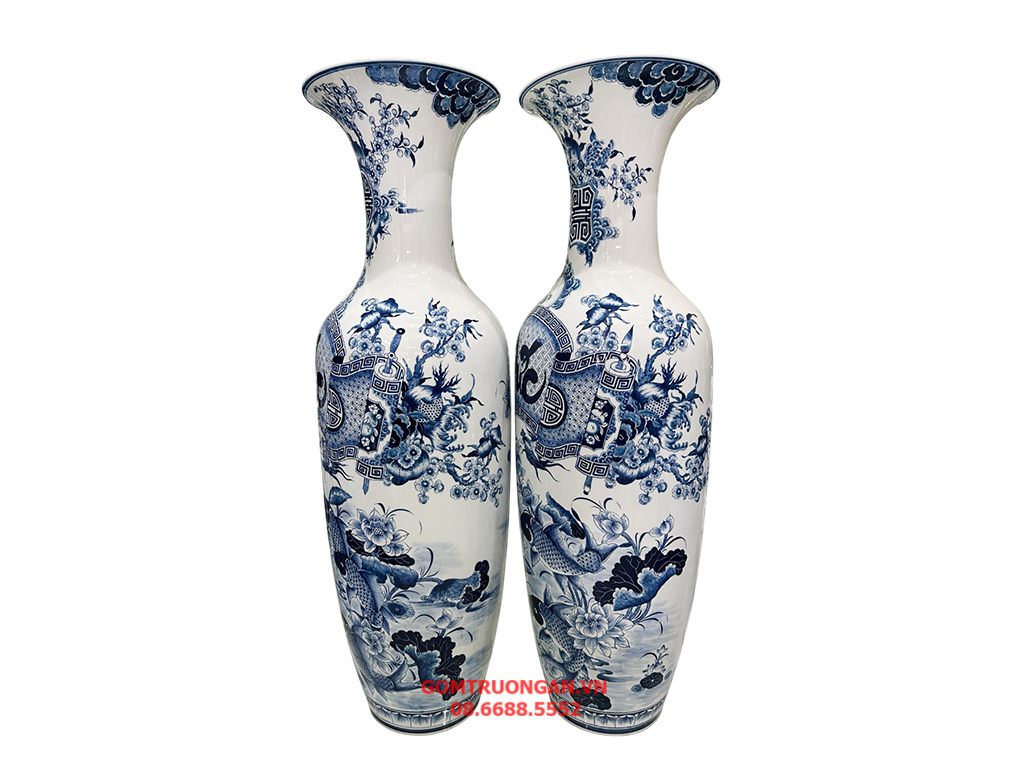 Lọ lục bình Bát Tràng men lam hàng khử Phúc Đức 1m1 2