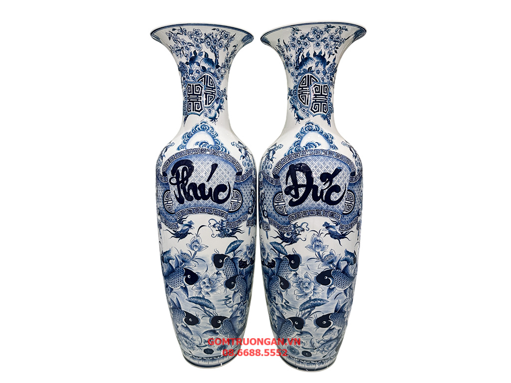 Lọ lục bình Bát Tràng men lam hàng khử Phúc Đức 1m1 1