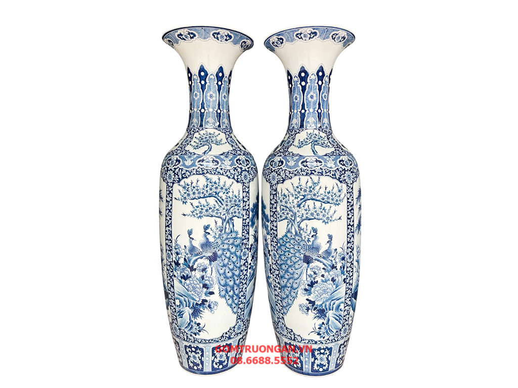 Lọ lộc bình Bát Tràng men lam hàng khử Tứ Quý vẽ kỹ 1m6 1