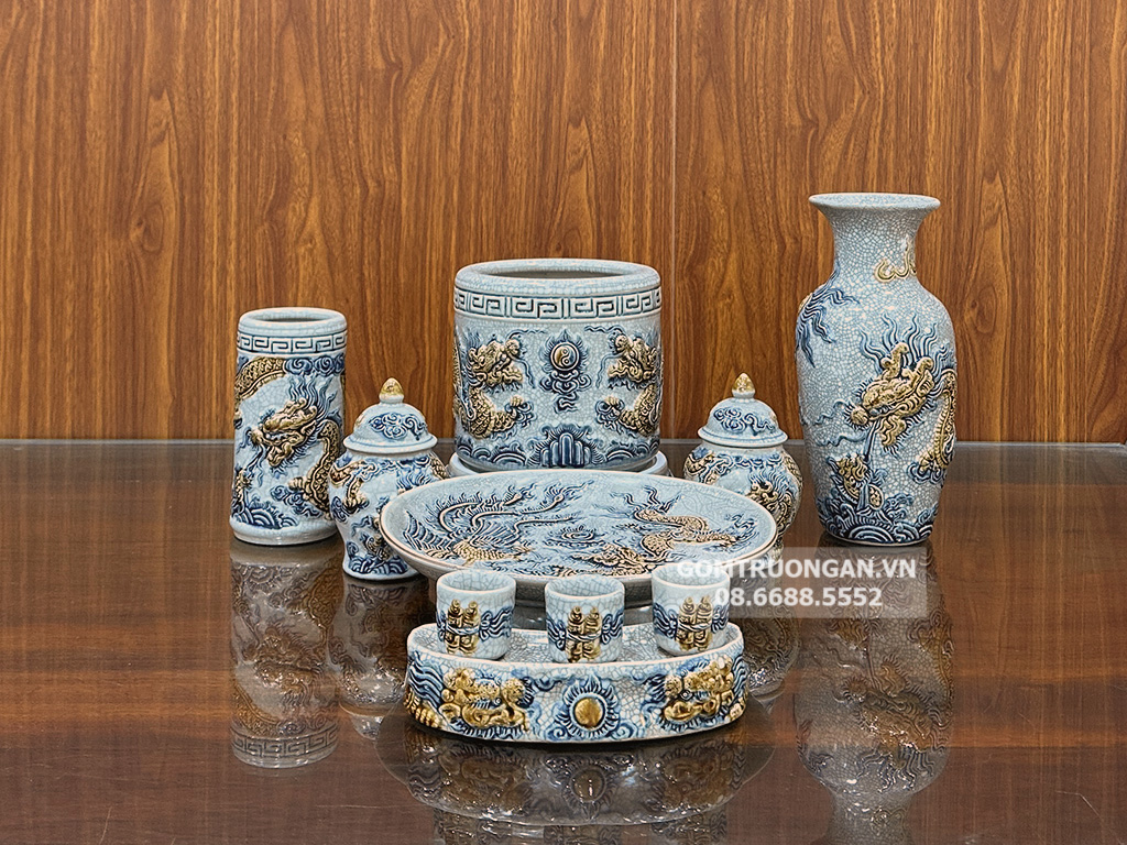 Bộ đồ thờ men rạn nổi Bát Tràng Trường Xuân ban thờ chung cư 4