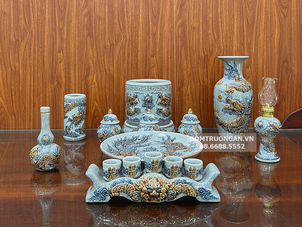 Bộ đồ thờ men rạn nổi rồng Bát Tràng Trường Xuân ban thờ 1m57 1 bát hương 4