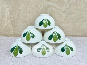 Bộ 6 bát ăn cơm Bát Tràng men kem vẽ 3 lá