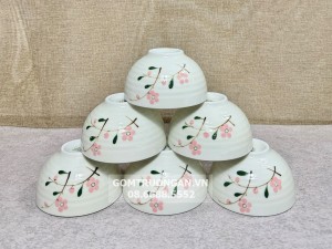 Bộ 6 bát ăn cơm Bát Tràng men kem vẽ hoa đào hồng