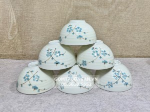 Bộ 6 bát ăn cơm Bát Tràng men kem vẽ hoa đào xanh