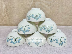 Bộ 6 bát ăn cơm Bát Tràng men kem vẽ hoa sen xanh