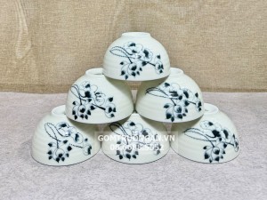 Bộ 6 bát ăn cơm Bát Tràng men kem vẽ sen lam
