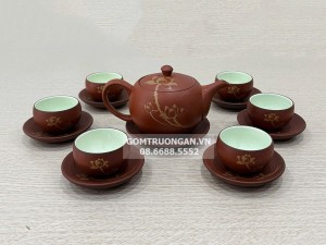 Bộ ấm chén hồng sa Bát Tràng hoa sen
