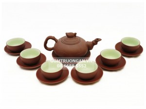Bộ ấm chén tử sa Bát Tràng trúc đào nâu kẻ chỉ