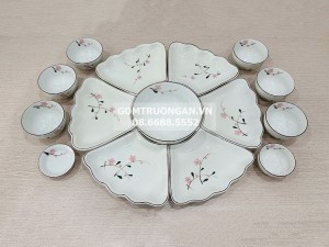 Bộ bát đĩa hoa mặt trời mâm cúng gia tiên đào hồng men kem