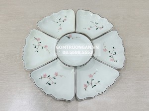 Bộ bát đĩa hoa mặt trời mâm cúng gia tiên đào hồng men kem 7 chi tiết
