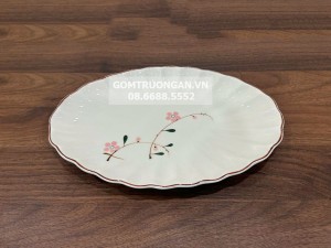 Đĩa bầu dục men kem vẽ hoa đào hồng S2