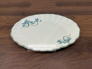 Đĩa bầu dục men kem vẽ hoa sen xanh S2