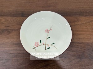 Đĩa tròn men kem vẽ hoa đào hồng 20