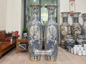 Lọ lộc bình Bát Tràng men rạn vẽ kỹ Tứ Quý 1m6 bọc đồng
