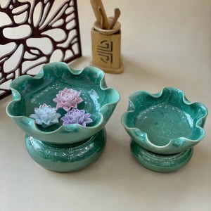 Bát thả hoa thần tài đường kính 30cm men hỏa biến thiên thanh kèm chân đế(không bao gồm sen sứ)