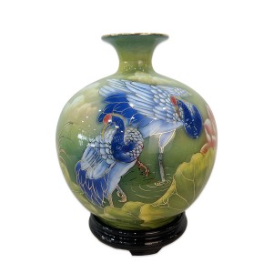 Bình hút tài lộc Bát Tràng vẽ vàng Sen Hạc phun 3D xanh ngọc