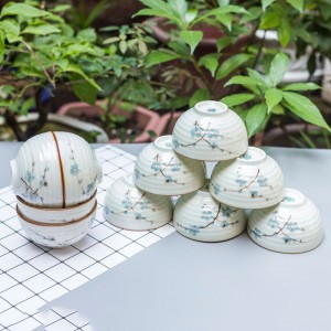 Bộ 10 bát ăn cơm Bát Tràng men kem vẽ đào xanh