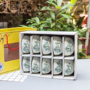Bộ 10 bát ăn cơm Bát Tràng men kem vẽ hoa sen xanh