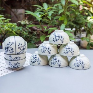Bộ 10 bát ăn cơm Bát Tràng men kem vẽ sen lam