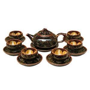 Bộ ấm chén Hoàng Kim Sa men hỏa biến Bát Tràng