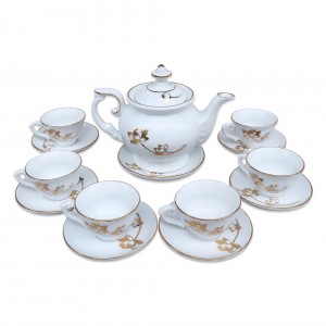 Bộ ấm chén men trắng vẽ hoa sen vàng kim dáng phú quý