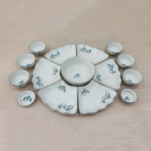 Bộ bát đĩa thắp hương hoa mặt trời mâm cúng gia tiên men kem sen xanh