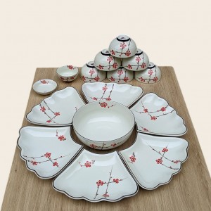 Bộ bát đĩa Bát Tràng hoa mặt trời vẽ đào đỏ