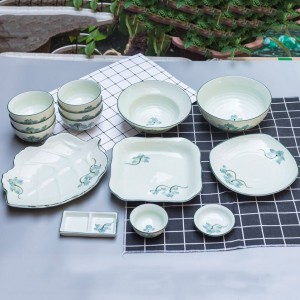 Bộ bát đĩa Bát Tràng men kem sen xanh 6 người ăn S2