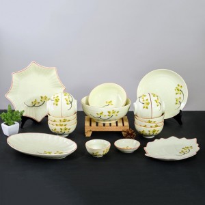 Bộ bát đĩa Bát Tràng men kem vẽ sen vàng 10 người ăn