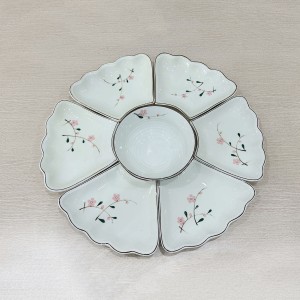 Bộ bát đĩa hoa mặt trời mâm cúng gia tiên đào hồng men kem 7 chi tiết