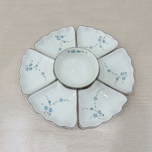 Bộ bát đĩa hoa mặt trời mâm cúng gia tiên đào xanh men kem 7 món
