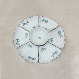 Bộ bát đĩa thắp hương hoa mặt trời men kem sen xanh 7 chi tiết