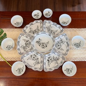 Bộ bát đĩa thờ cúng gia tiên vẽ Hoa Sen Tràm cỡ to 15 món