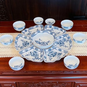 Bộ bát đĩa thờ cúng men trắng vẽ Hoa Sen cỡ nhỏ
