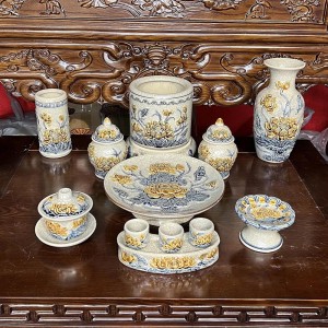 Bộ đồ thờ Bát Tràng Trường Xuân men rạn đắp nổi hoa sen thờ Phật