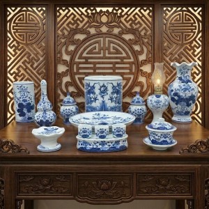 Bộ đồ thờ gia tiên men lam ngọc Lộc Phát ban thờ 1m27 1 bát hương