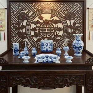 Bộ đồ thờ gia tiên men lam ngọc Lộc Phát ban thờ 1m53 1 bát hương