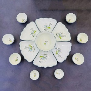 Bộ bát đĩa thờ cúng men kem vẽ Hoa Sen Bóng cỡ to 15 chi tiết