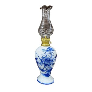 Đèn dầu thờ men lam Vạn Phúc Trường An sen tròn to