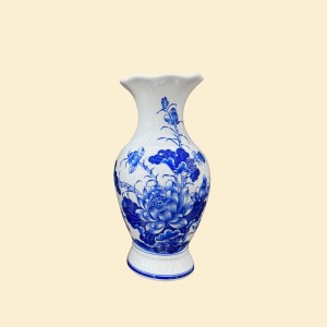 Lọ hoa bàn thờ miệng lượn men lam Vạn Phúc Trường An 20cm