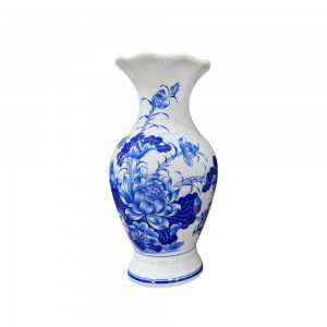 Lọ hoa bàn thờ miệng lượn men lam Vạn Phúc Trường An 35cm