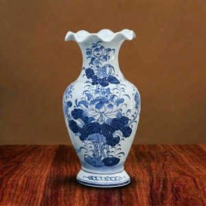 Lọ hoa bàn thờ miệng lượn men xanh ngọc Lộc Phát 25cm