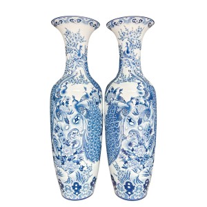 Lọ lục bình Bát Tràng men lam hàng khử Công Danh Phú Quý vẽ kỹ 1m4