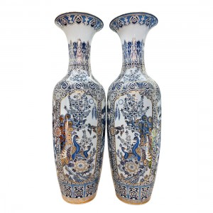 Lọ lục bình sứ Bát Tràng men lam hàng khử Tứ Quý vẽ vàng 24k 1m4