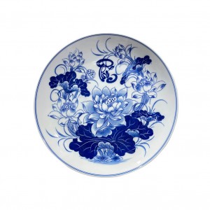 Mâm bồng men lam Vạn Phúc Trường An 18cm